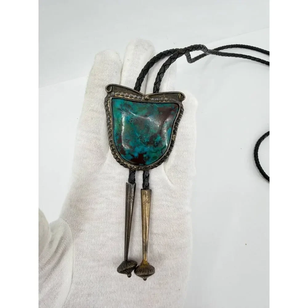Vintage Sterling Silver Turquoise Bolo Tie Leather Cord Southwestern 59.2g